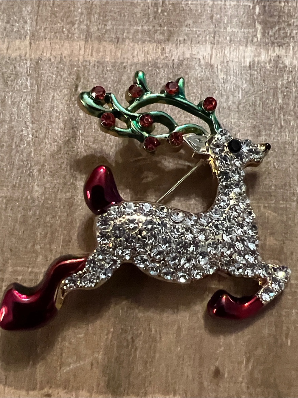 3/$18 Sparkling Crystal Reindeer Holiday Brooch - Red & Green Lot 1031